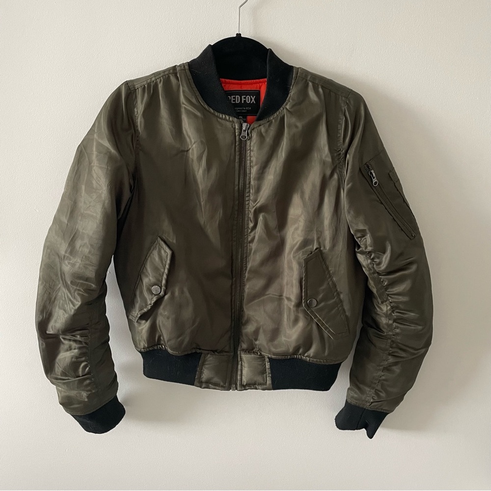Red Fox MA1 shiny olive green bomber jacket bright orange inside size small